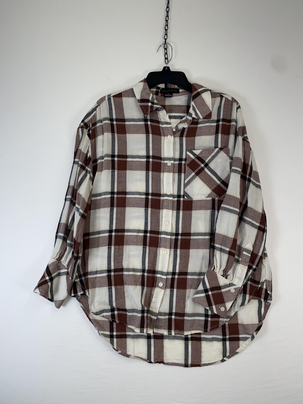 Sanctuary Shirt Womens Medium Brown Plaid Button Up Long Sleeve Cotton Blouse